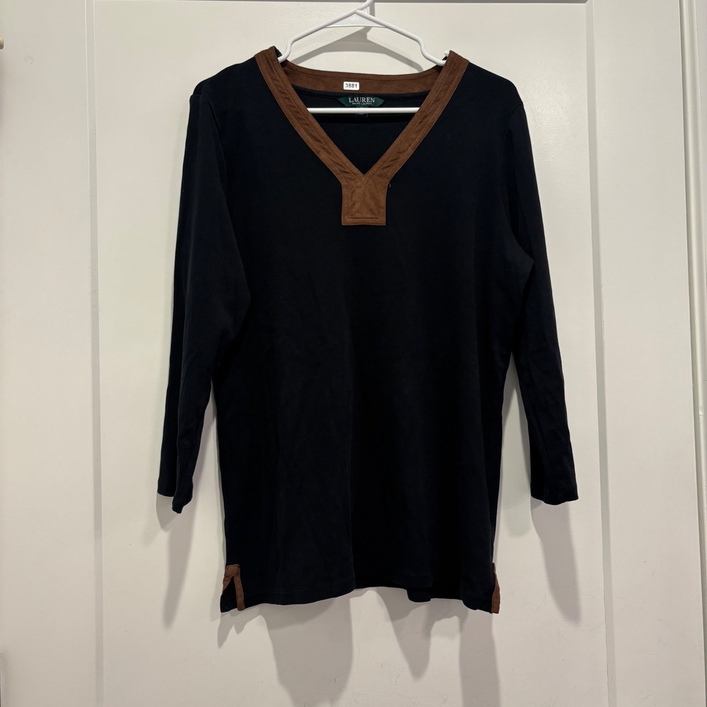 Lauren Ralph Lauren Black Ribbed V-Neck Top Brown Suede Trim XL